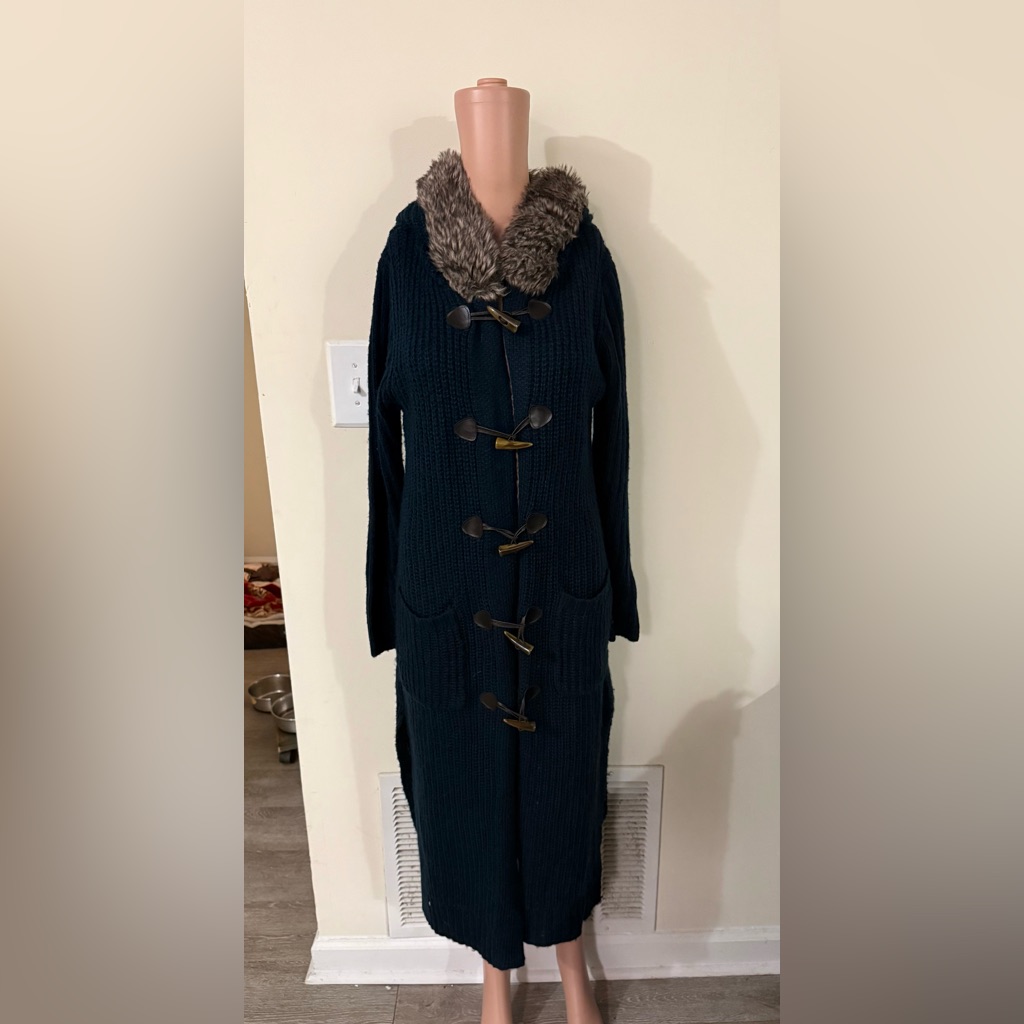 Cliche Couture Wool Blend Knit Duffle Hooded Cardigan Faux Fur Size S